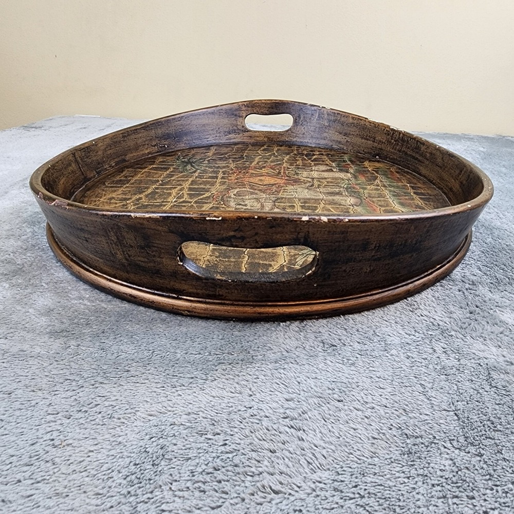 Olde World Style Brown Vintage Serving Tray Handles and Elephant Design - Picture 4 of 12